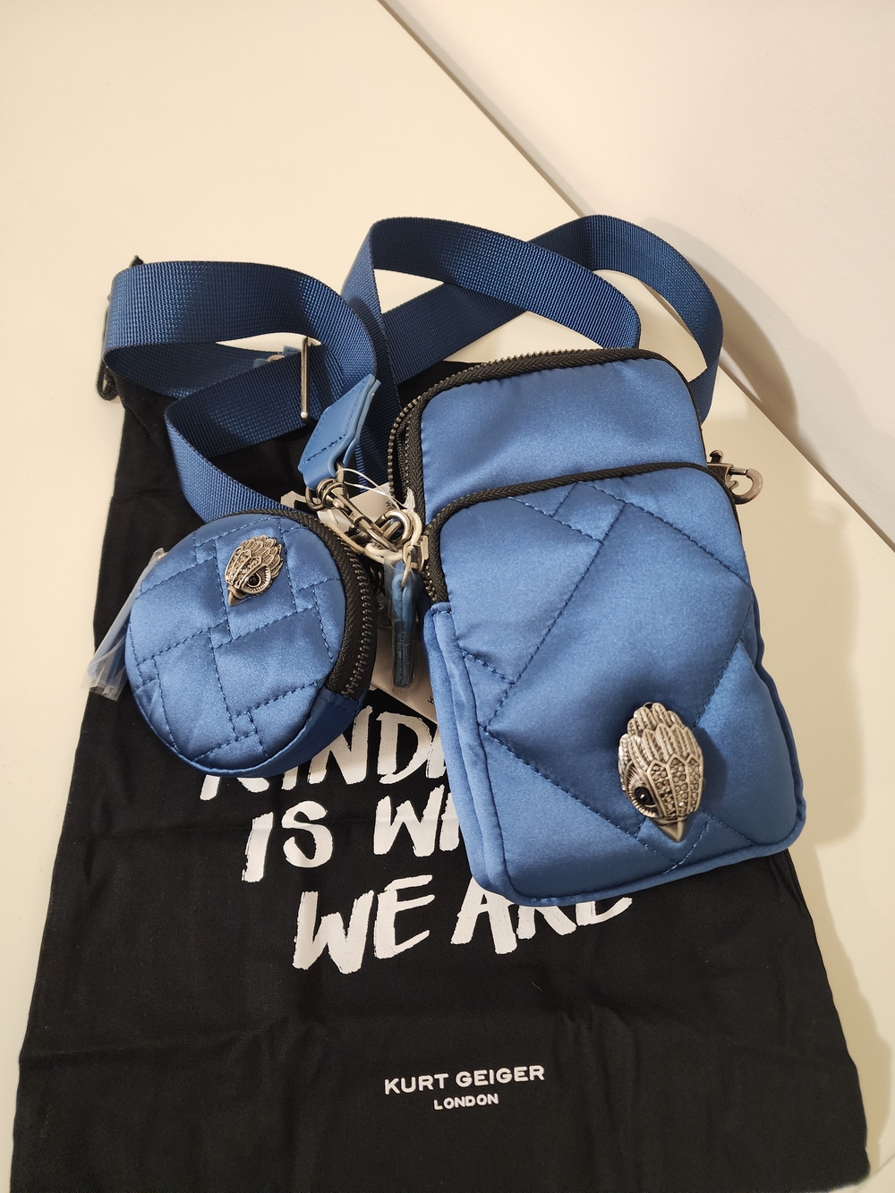 Kurt Geiger Quilted Blue Crossbody Phone Bag with Coin Pouch